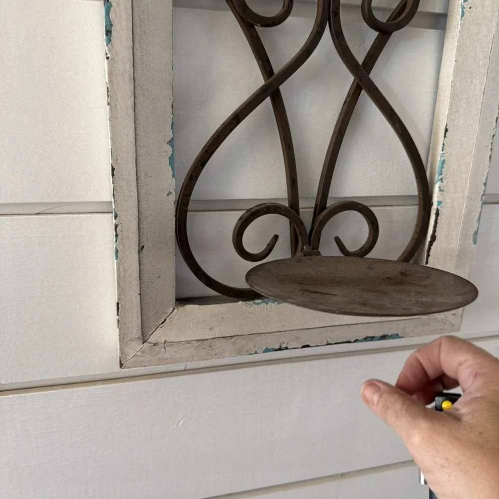 Rustic Farmhouse Wood Frame Wall Decor Metal Scroll Window Candle Or Plant Hold